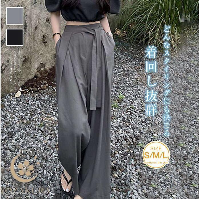 ワイドパンツ レディース ロングパンツ ガウチョパンツ 夏 秋 きれいめ 大きいサイズ 落ち感 タックパンツ ウエストリボン スラックスパンツ 春夏