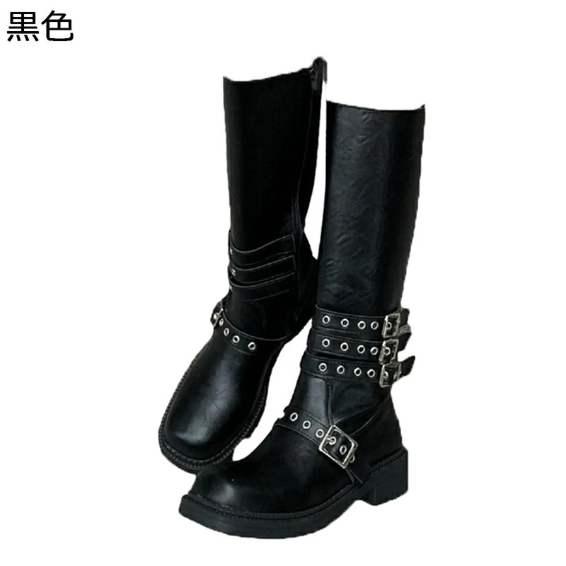 ロングブーツ ベルト飾り B系 ミドルヒール5cm 粗いかかと 太ヒール パンク系 騎士 ゴシック レディース 秋冬 長靴 脱げない 撥水 歩きやすい 快適 オシャレ ファッション コンフォート