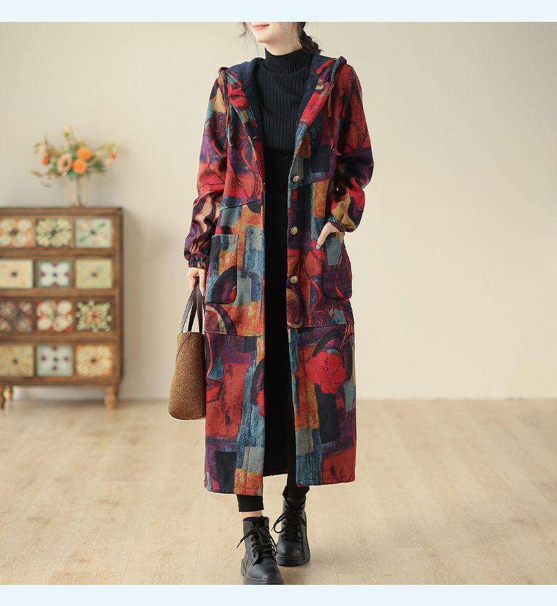 フード付き ボタン 暖かい ゆったり プリント ロングコート スリット アーティスト　芸術的なファッション