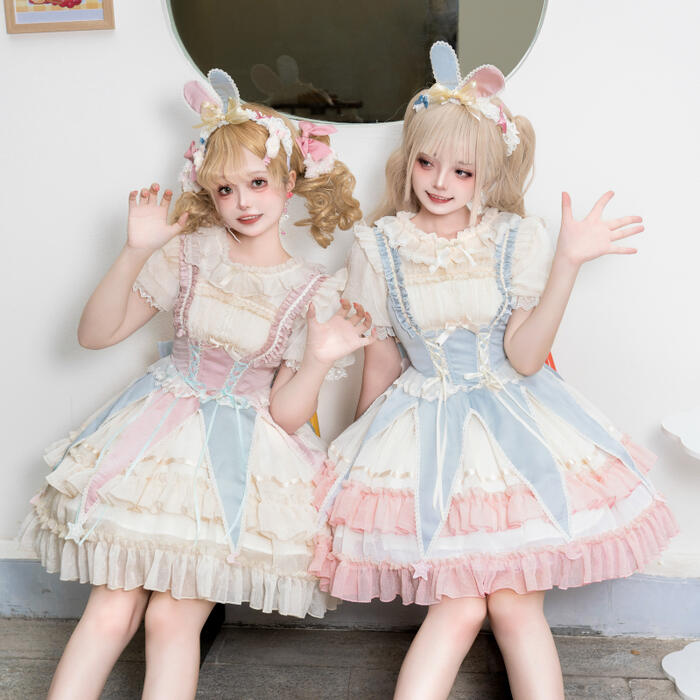 【2点購入で150OFF】品質良い!店舗お勧め! 【急速出荷】ロリータファッション ジャンパースカート ジャンスカ ワンピース ドレス 光沢感 配色 かわいい フリル リボン 双子コーデ ゴスロリ 膝