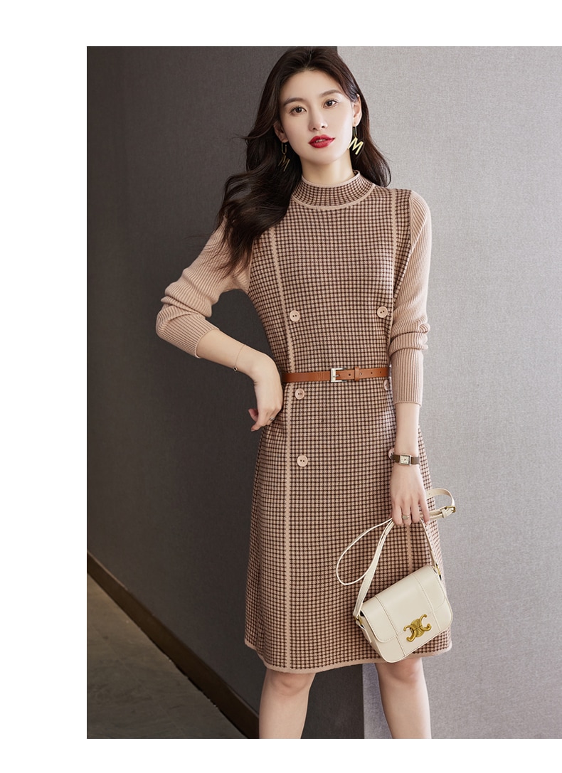 千鳥格子 ファッション ラウンドネック ドレスコート 冬 スカート 女性 ブラック アプリコット M L XL XXL ワンピース 袖あり かわいい 大人可愛い きれいめ シンプル カジュアル 大人