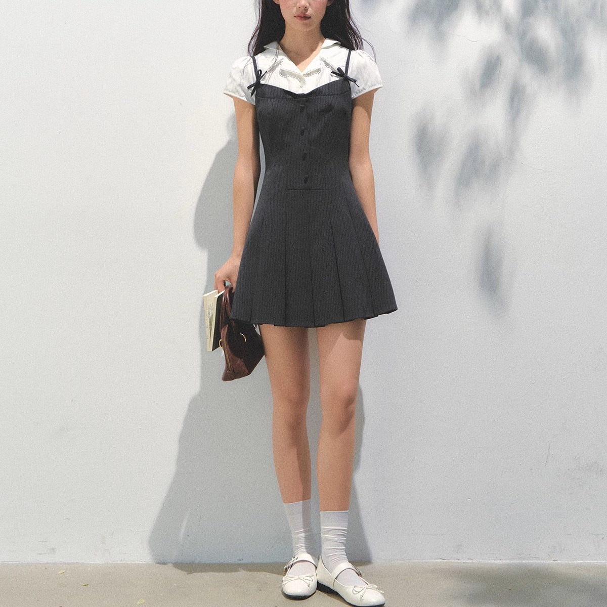 3日出荷 ワンピース夏 学園 2点重ね デザイン ギャザー 春服 レディース
