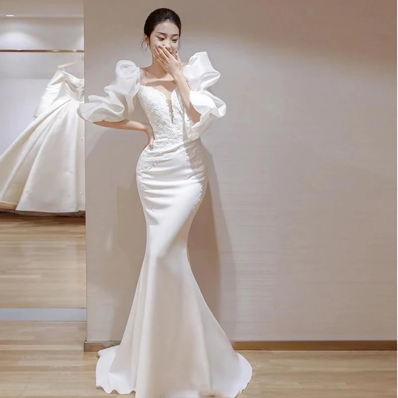 韓国作追加!!!結婚式キャミソールドレスワンピースサテンウエディングドレスフィッシュテールスカート花嫁披露宴二次会謝会発表会演奏会女子会