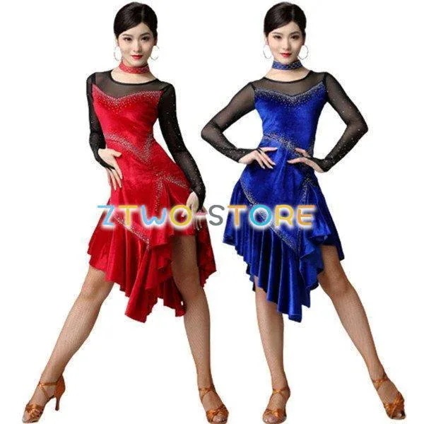 社交ダンス ダンスドレス ワンピース ラテンダンス衣装 レディース 練習用 コンクール用 レッド サファイア色 ステージ衣装 6,910円