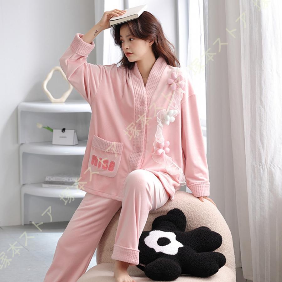 部屋着 セットアップ 前開き パジャマ 上下セット レディース 女性 ルームウエア もこもこ あったか 冬用 ナイトウェア 長袖 Vネック ポケット付 便利服