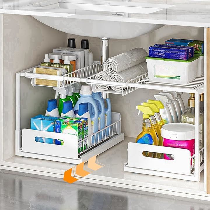 シンク下収納 キッチン収納 洗面台下収納 組立簡単 伸縮式60-75CM 省スペース 棚板1枚＋バスケット2個(ホワイト, 60-75CM)