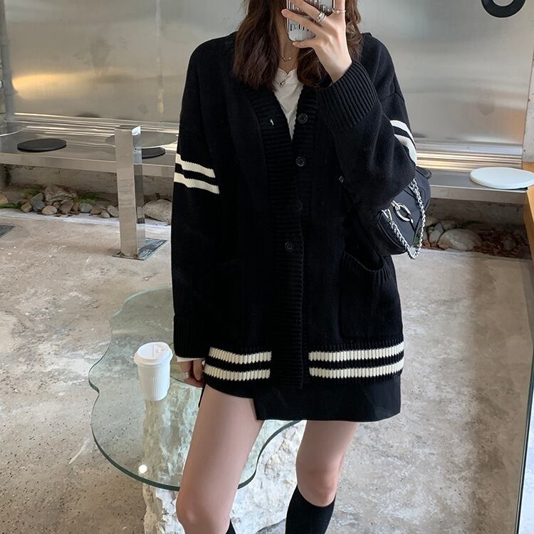 レディース ニットカーディガン ダブルラインオーバーサイズカーディガン Vネック