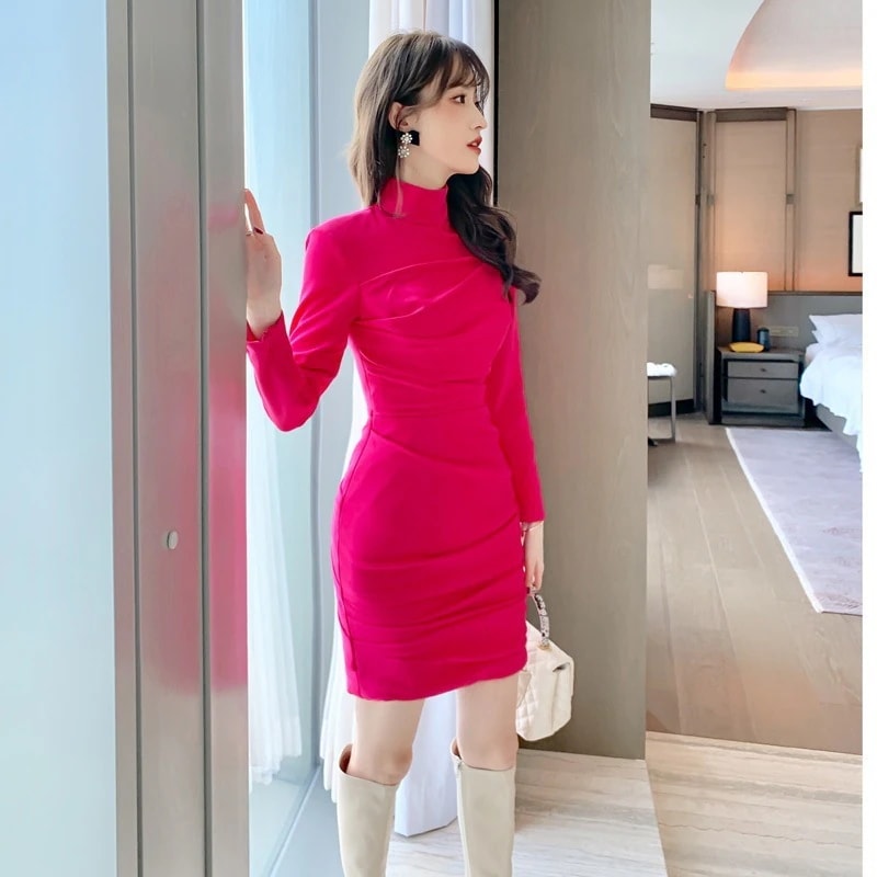 春 小柄 ベーシック ショートワンピース タートルネック ドレス パーティー 着痩せ 大人 お呼ばれ 同窓会 披露宴 卒業式 結婚式 ウェディング 二次会