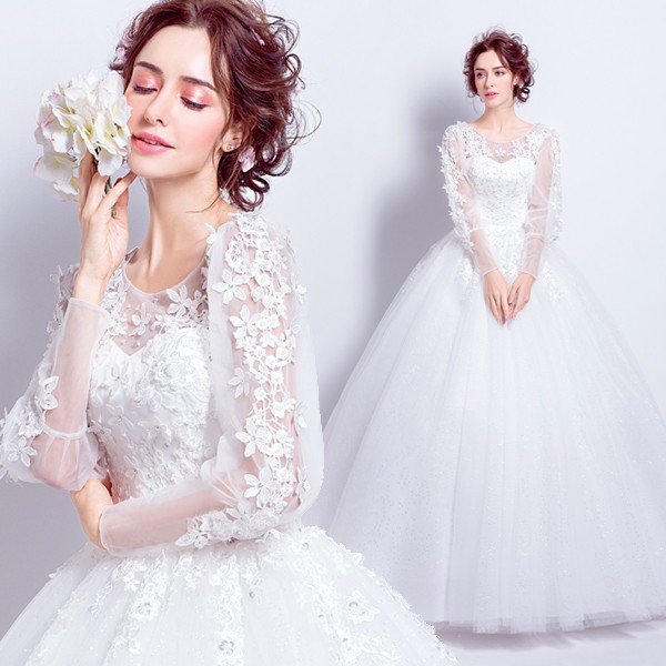 ウエディングドレス 結婚式 長袖 二次会 ウェディングドレス 安い 秋冬 プリンセス エンパイア 花嫁 ドレス 白 披露宴 ロングドレス ブライダル 大きいサイズ