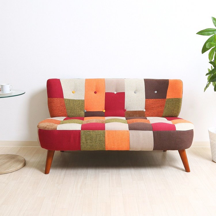 ソファー おしゃれ 2人掛け パッチワークソファー 幅123×奥行67×高さ68cm