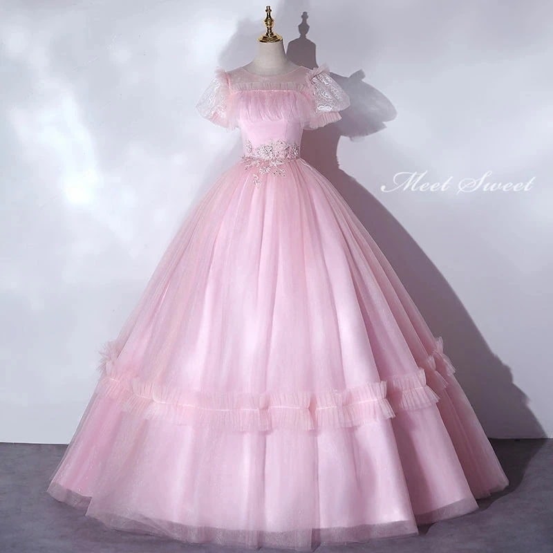 ウェディングドレス ウエディングドレス パーティードレス プリンセスラインドレス ピンク カラードレス 結婚式 成人式 発表会ドレス 演奏会 パフスリーブ コンサート コンクール お誕生日