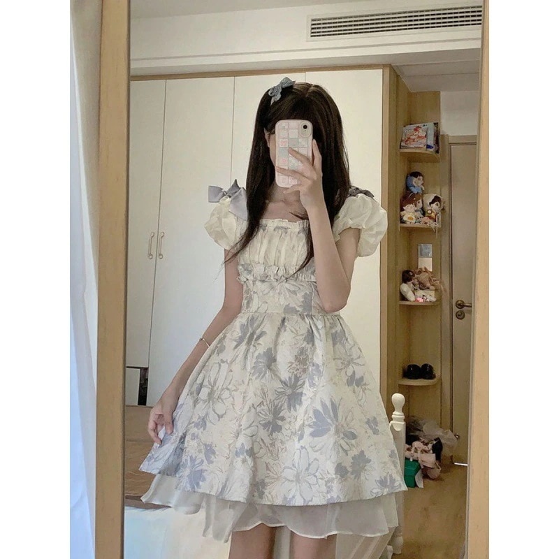 女子学生向け和菓子リボンパフスリーブドレス夏ウエスト絞りスーパーフェアリープリンセスドレス