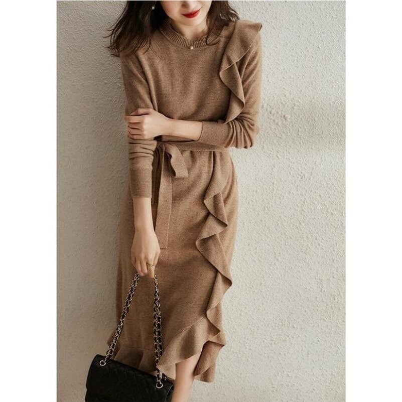 ニットワンピース レディース 長袖ワンピース ドレス 秋冬 新作 タイト 細見え ベルト付き オシャ