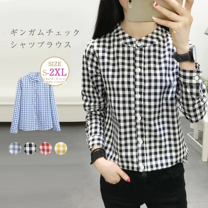 【20点セット】シャツ レディース シャツブラウス レディースブラウス 長袖 ギンガムチェック トップス チェック柄 スタンドカラー レギュラーカラー 通勤 オフィス シンプル 綿混 カジュアル 仕事