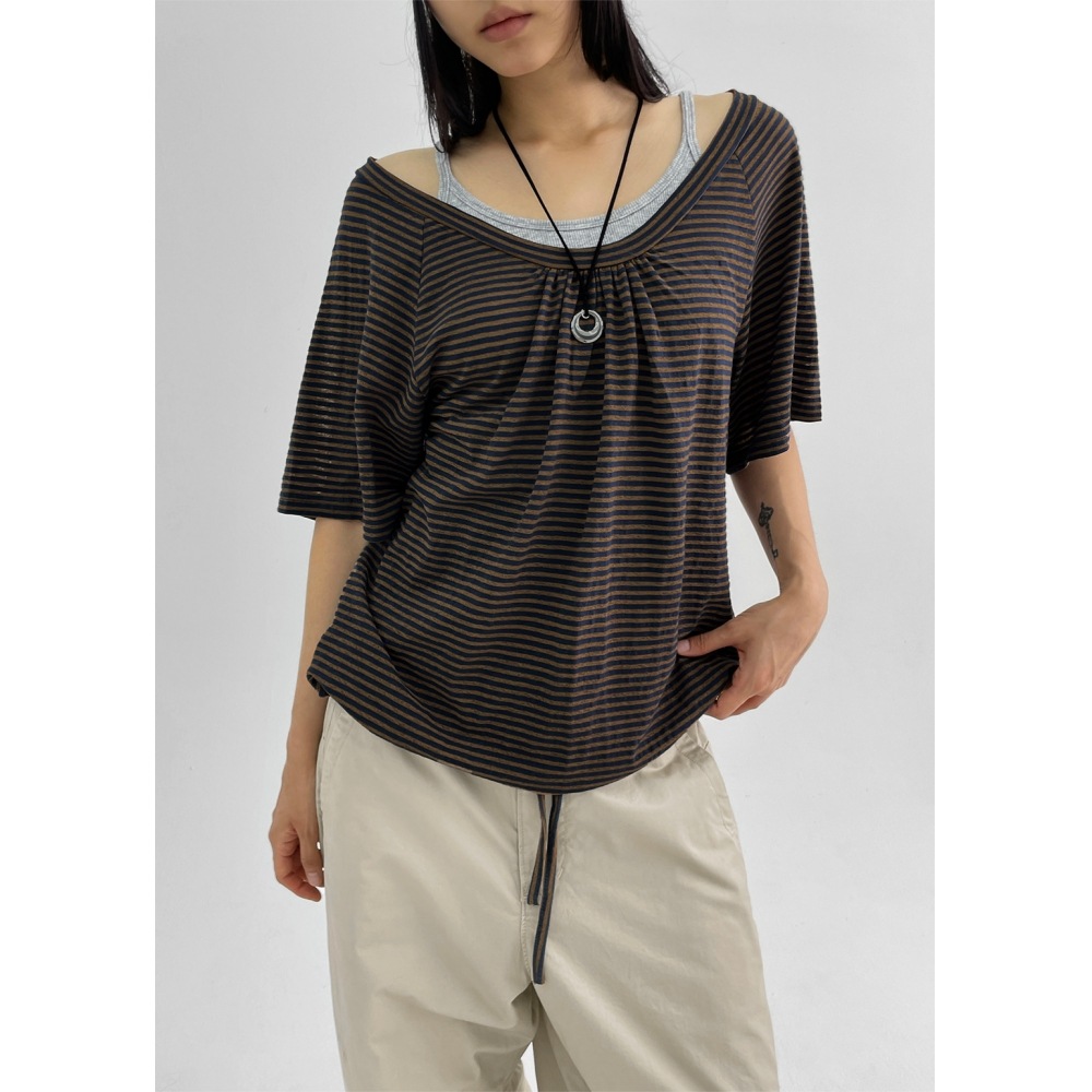 ブラックアップ DEXA ストライプバルーンディープ Uネックショートスリーブ T シャツ