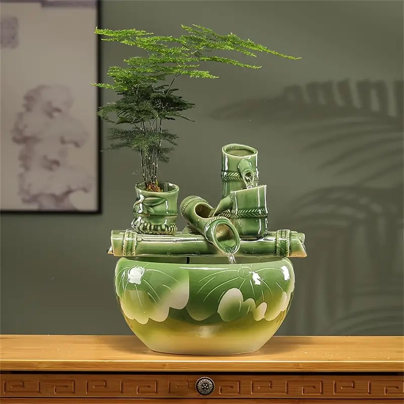 ファウンテン セラミック 竹のデザイン 和風 オーナメント グリーン 光沢 お洒落 和モダン 旅館 ロビー 玄関 インテリア ホームデコ 4-7