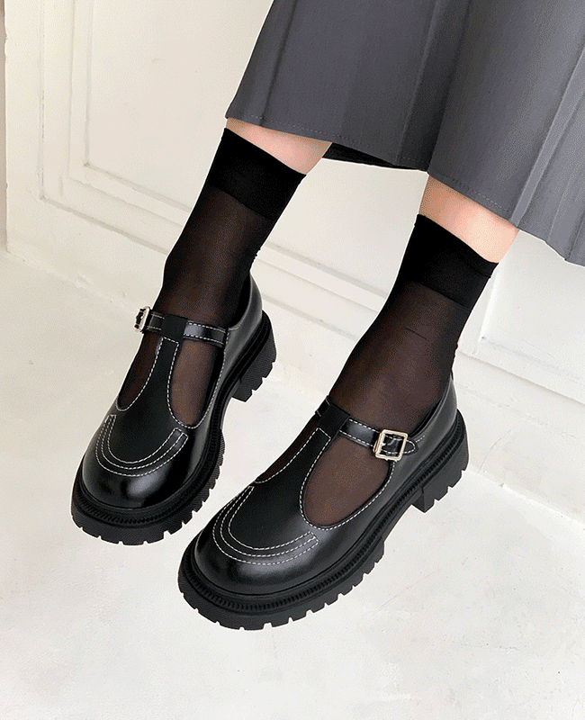 [MILOVANY] ブリヌ ステッチ T ストラップ ウォーカー 窓 ローファー 4cm