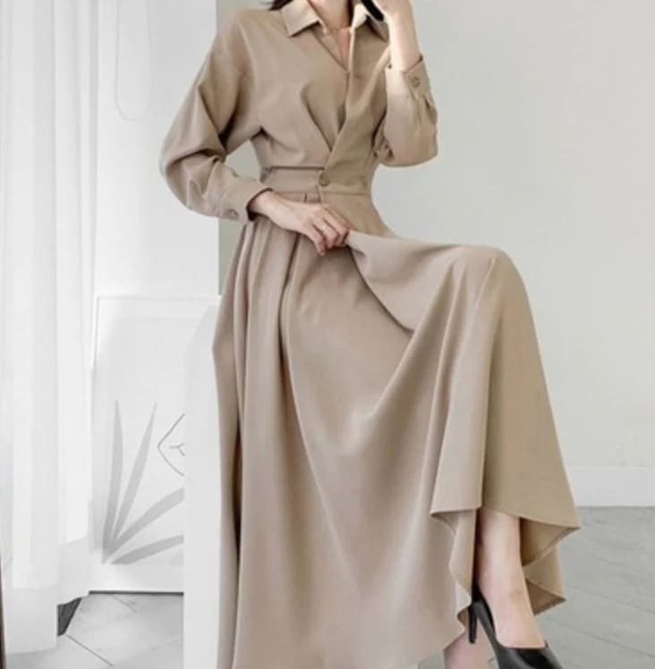 ワンピース デート かわいい 大人可愛い きれいめ シンプル カジュアル 大人 上品 おしゃれ Vネック 襟付き 長袖 無地 フレア Aライン ブラック エレガント オフィス 通勤 ママ イベント