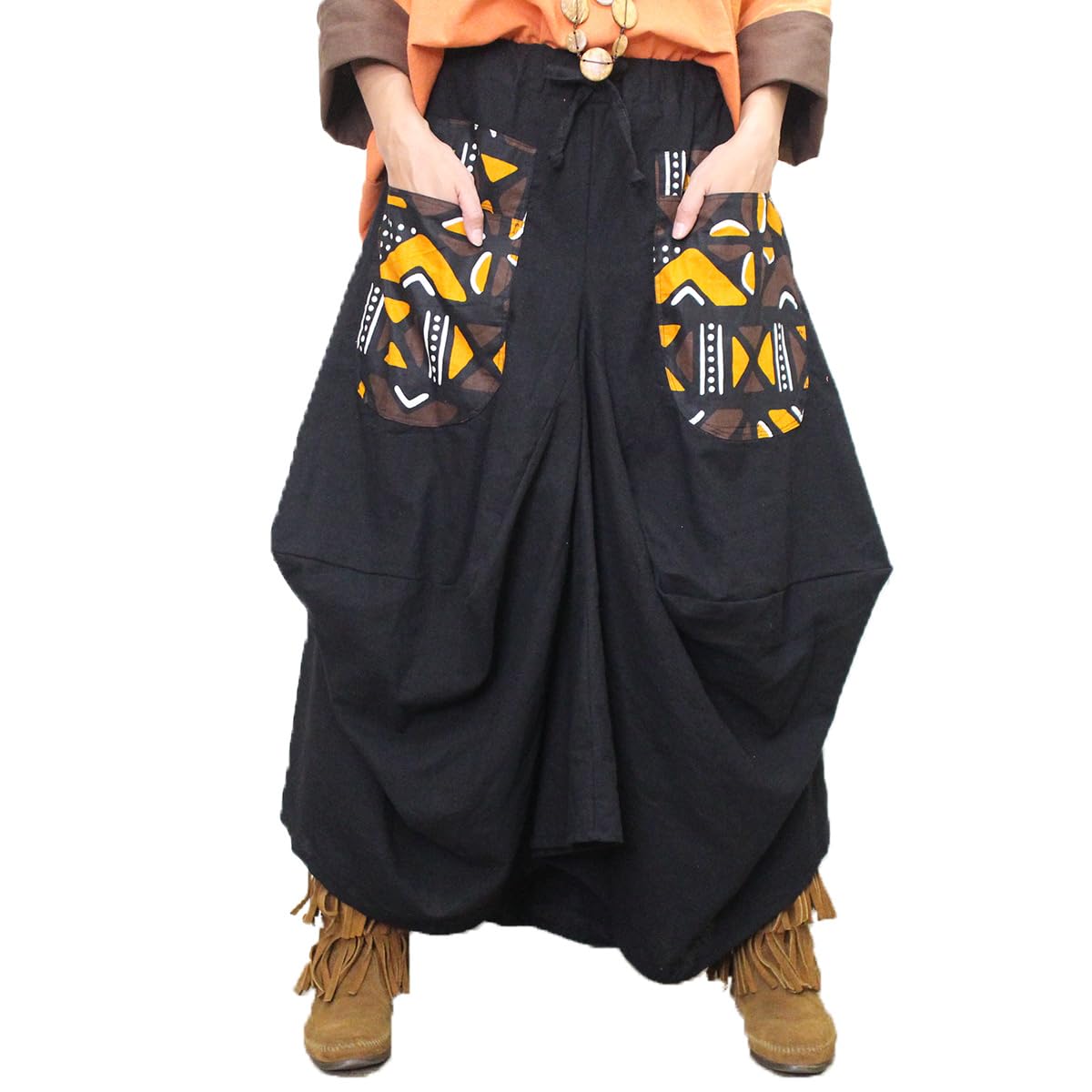 [エス ピー ティー] ロング スカート アシンメトリー コクーン バルーン マキシ丈 カンガ アフリカン ポケット 変形 エスニック トライバル 2025 梅春 (JP, アルファベット, Free