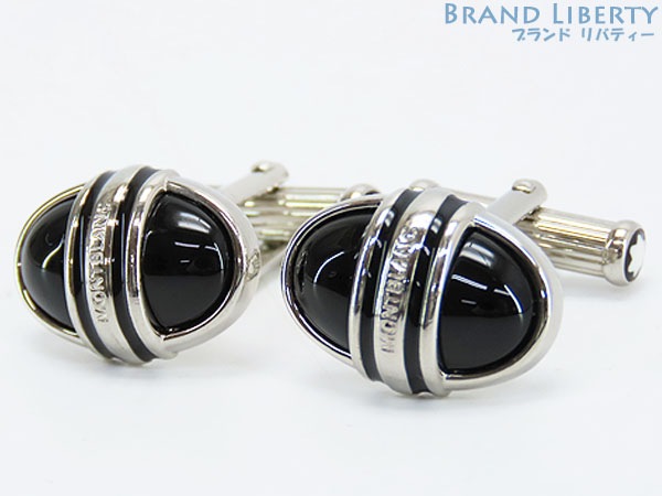 美品モンブランオーバルオニキスカフスカフスボタンカフリンクスブラックシルバーオニキスステンレススチールSS