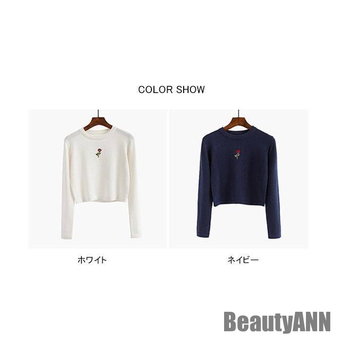 新生活 刺繍 レディース ブラウス 丸襟 長袖 プルオーバー ショート丈 バラ刺繍 花刺繍 純色 ゆったり 柔らかい 手触りいい カジュアル 秋新作 秋 春 冬 秋ファッション 冬物 春物 秋物 プレ