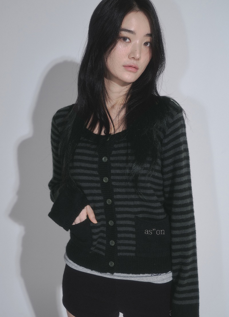 【AS"ON】 NUT POCKET CARDIGAN / STRIPE BLACK 正規品