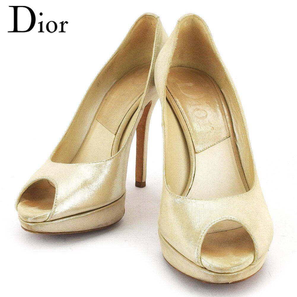 パンプス シューズ 靴 オープントゥ レディース 35ハーフ ハイヒール ベージュ シルバー ゴールド 中古