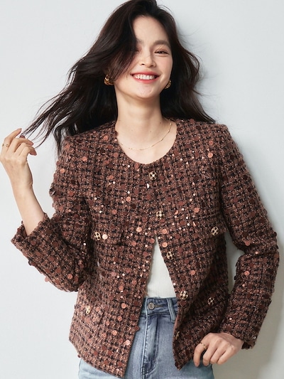 春先の韓国セレブはコカレ色のスパンコはルを重ねました小為な香りのショート丈の上にいるコはトの女性