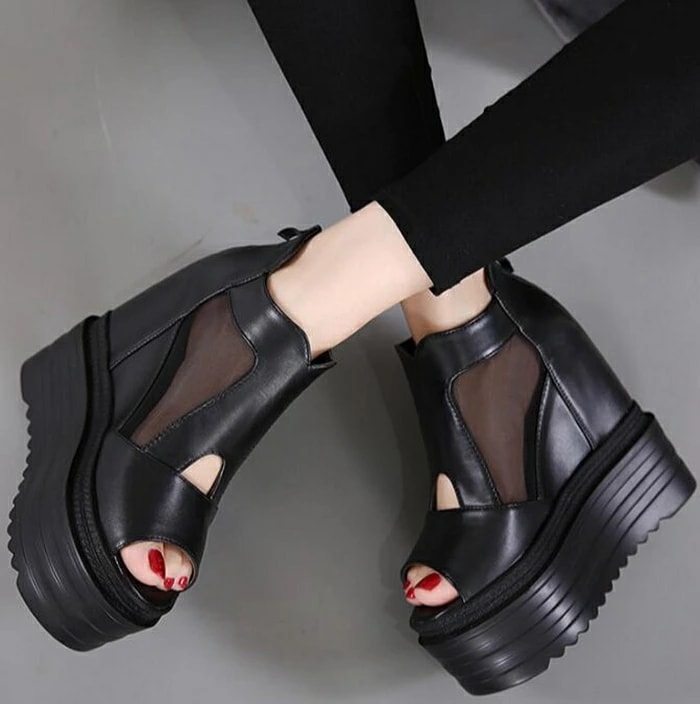 厚底 サンダル グラディエーター メッシュ サンダル レディース 厚底 22.0cm 24.5cm ウェッジソール ショートブーツ 黒 フラットシューズ ヒール インヒール ブーツサンダル 歩