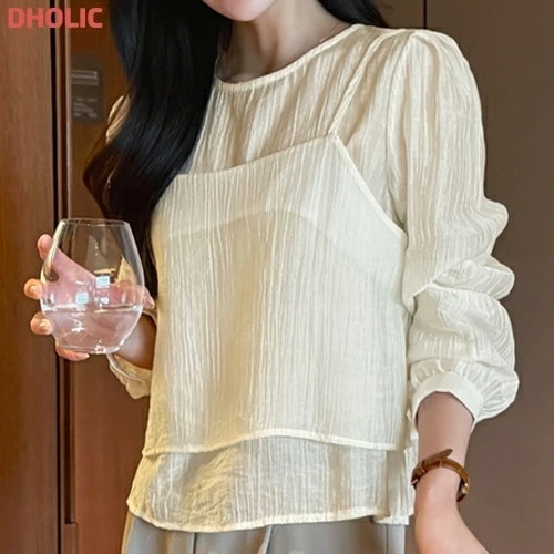 シースルーソフト長袖ラウンドネックリンクルアンサンブルブラウスベスト・1938529