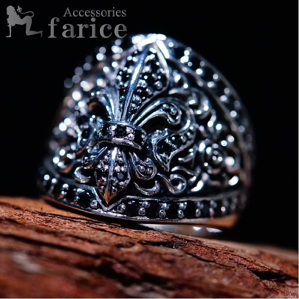 フルールドリス(百合の花の紋章) ブラックキュービックジルコニア装飾 ローズ(薔薇)＆アラベスク紋様彫り燻し仕上げ ラグジュアリー メンズ シルバーリング