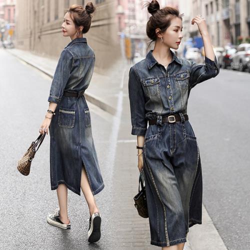 お一人様1点デニム ワンピース ジーンズ ロング ミモレ丈 韓国 5分袖 春 秋 大人 スリット レディース デニムワンピース 襟付き 七分袖 可愛い 色落ち ウォッシュ加工 バックスリット フロント