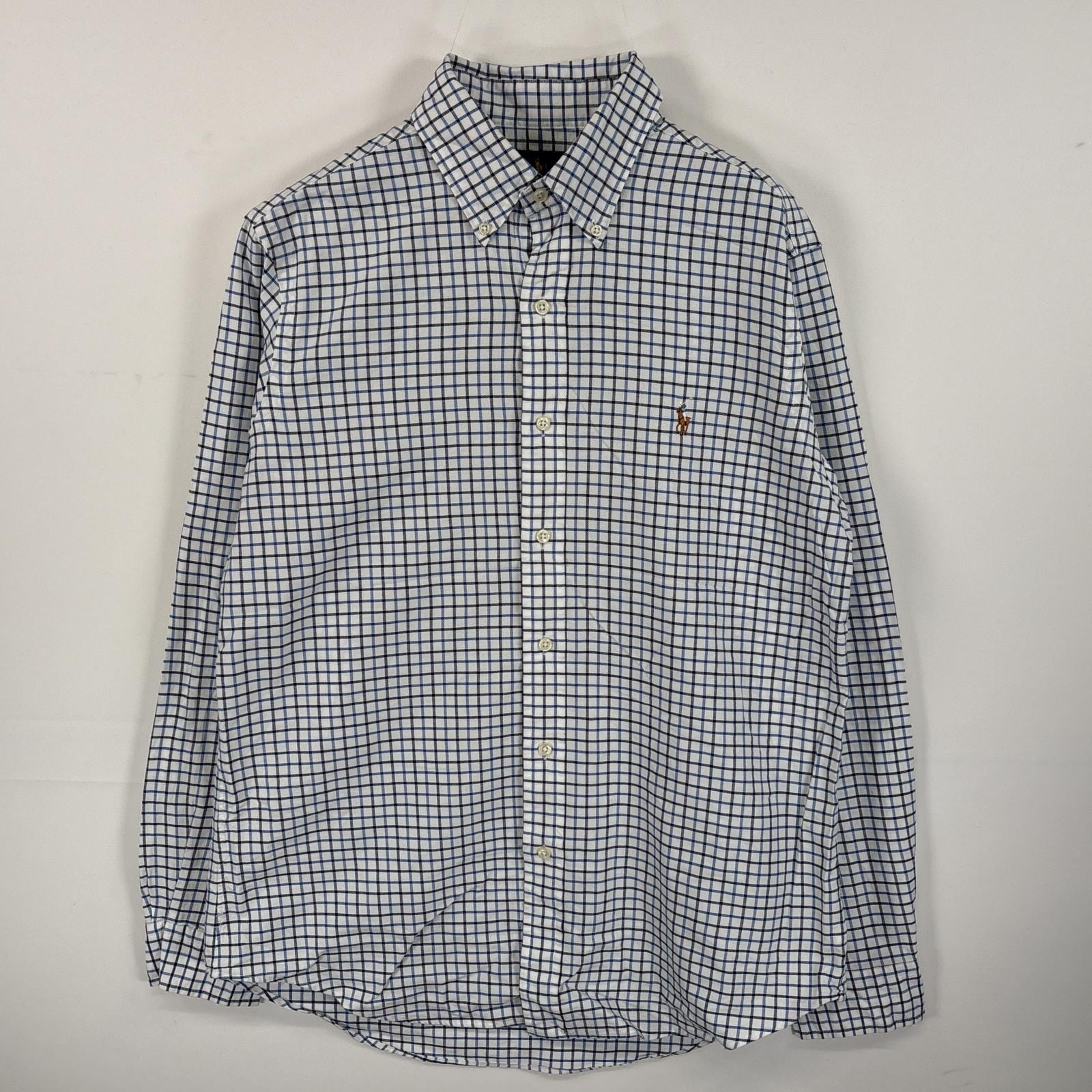 古着 長袖シャツ ボタンダウンシャツ ワンポイント ロゴ 刺繍 M ホワイト系 チェック メンズ