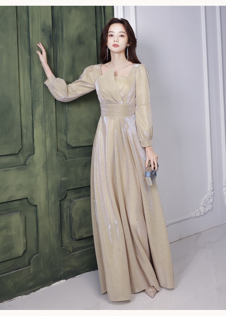 シャンパン色ロングイブニングドレススカート新型敬酒ハイエンド宴会気質年会服舞台司会2024秋冬