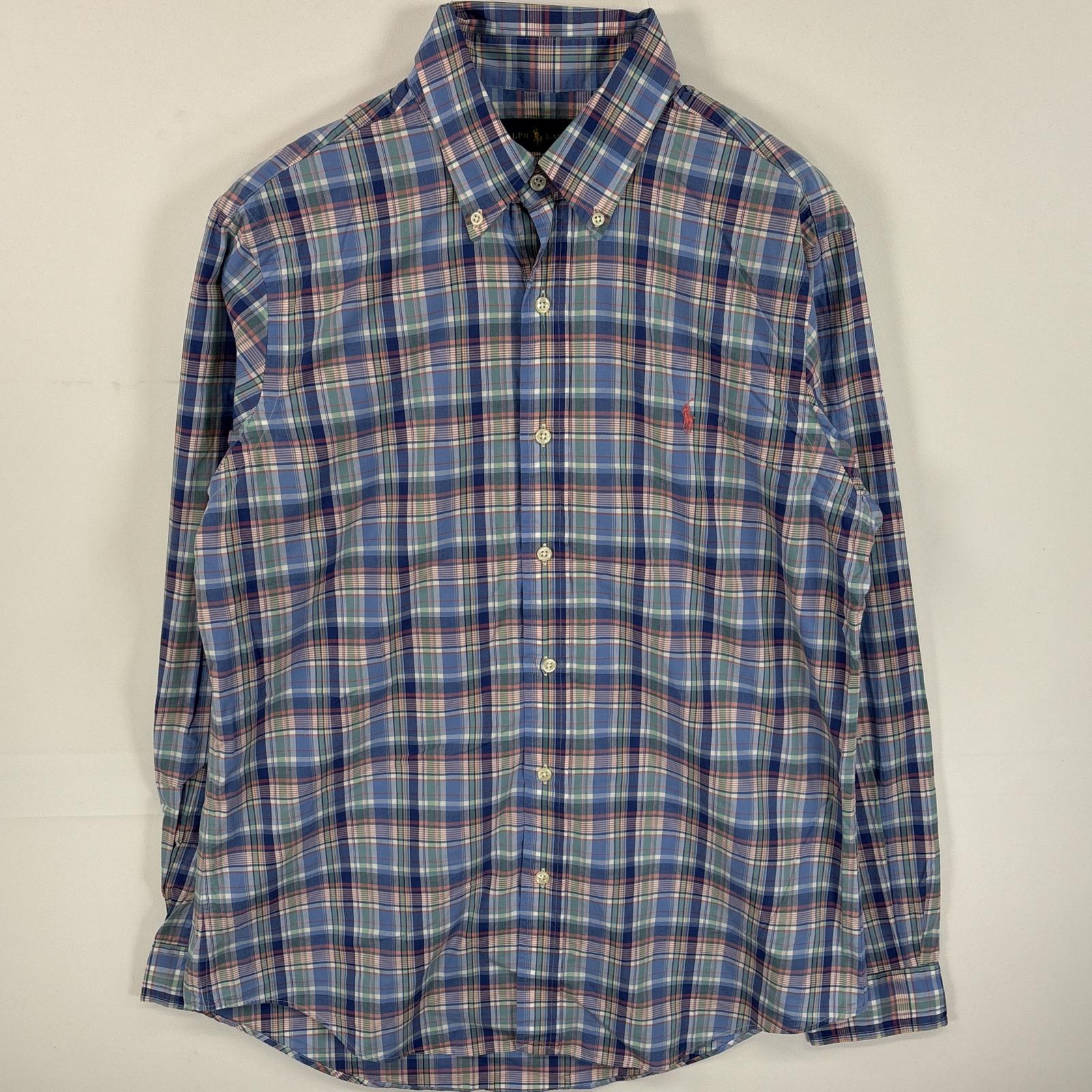古着 長袖シャツ ボタンダウンシャツ ワンポイント ロゴ 刺繍 M ブルー系 チェック メンズ