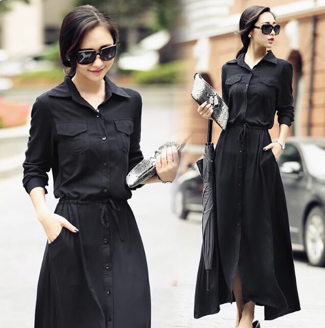 ワンピース シャツ シャツワンピ ロング マキシ 長袖 襟付き 細身 ストレート Iライン フェミニン ウエストマーク ウエストリボン ポケット ハイウエスト 前開き コンサバ ボタン 大人可愛い き