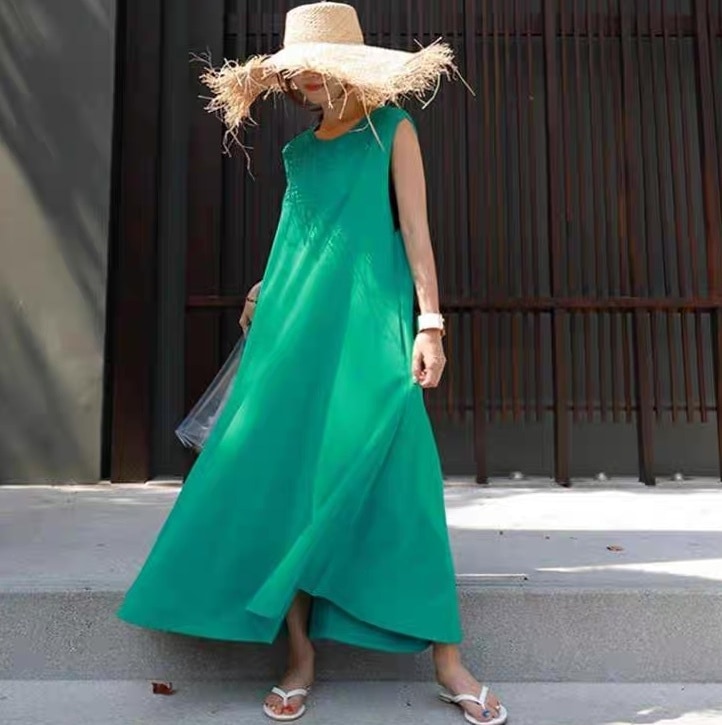 ワンピース レディース フレア ミモレ ロング 袖なし ノースリーブ ラウンドネック Aライン オーバーサイズ フェミニン ストリート かわいい 大人可愛い きれいめ シンプル カジュアル おしゃれ