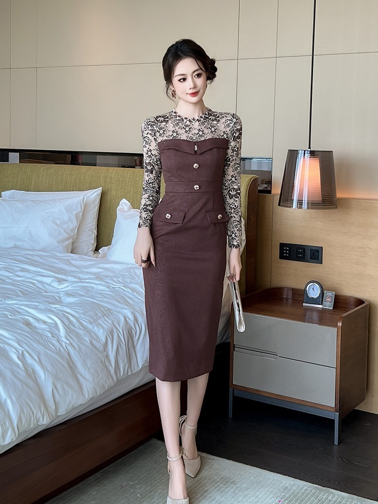 【JY.上品】 レースドッキング 秋冬 ワンピース ドレス パーティー キャバ 大人 同窓会 披露宴 卒業式 結婚式 成人式 ウェディング 二次会 メガ割