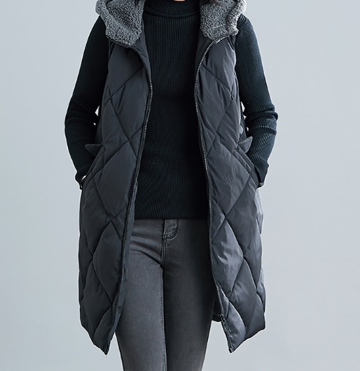 【取寄：納期2週間】ロングベスト ベスト レディース 秋冬ダウン アウター 大きいサイズ フード フード付 ダウンベスト 秋冬アウター 体型カバー ゆったり 20代 30代 40代 ブラック 黒