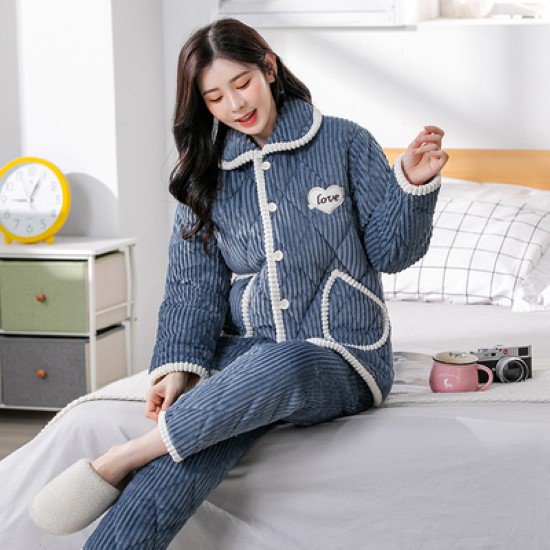 【取寄：納期2週間】ルームウェア レディース パジャマ ホームウェア おうち服 厚手 冬 暖かい 襟あり 長袖長ズボン フロントボタン 前開き ハート ワンポイント ポケット シンプル