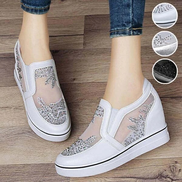 スリッポン レディース 厚底 通気性 ガーゼ外地 メッシュ インヒール スニーカー ヒール 6cm フラットシューズ 白い靴 レース ウォーキングシューズ サマー カジュアル おしゃれ かわいい 夏