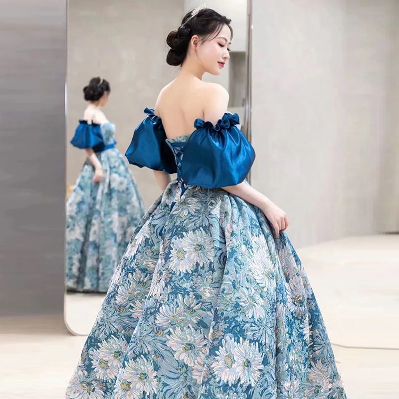 フレンチドレス 高級感 着脱可能な袖 カラードレス ロング 演奏会 二次会 結婚式 パーティードレス 花嫁 ウェディングドレス 油絵 カラート 代