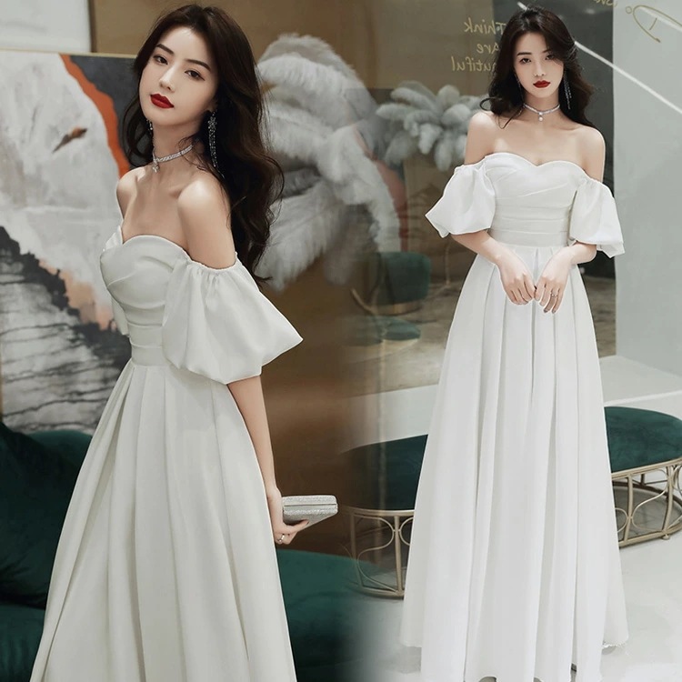 イブニングドレス サテンドレス 白 黒 ワイン赤 発表会ドレス オフショルダー Vネック ロングドレス Aライン パーティードレス ブラック ホワイト ワインレッド 結婚式ドレス 二次会ドレス ミモレ