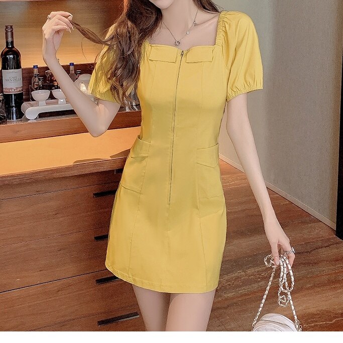 2色 ワンピース 半袖 夏 きれいめ タイトスカート ショート 膝上 パフスリーブ スクエアネック スクエアカラー スリム 細身 Aライン ファスナー 黒 ブラック 黄色 大人カラー S M L XL