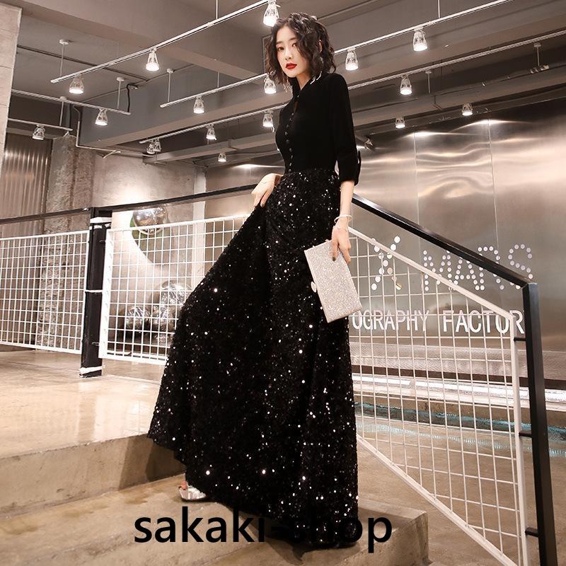 ワンピースドレスドレス翌日出荷 袖付き ドレス 演奏会用ドレス 結婚式 お呼ばれ ロングドレス パーティー 発表会 キラキラ Vネック 大人 ピアノ 母親 パーティードレス ワンピース