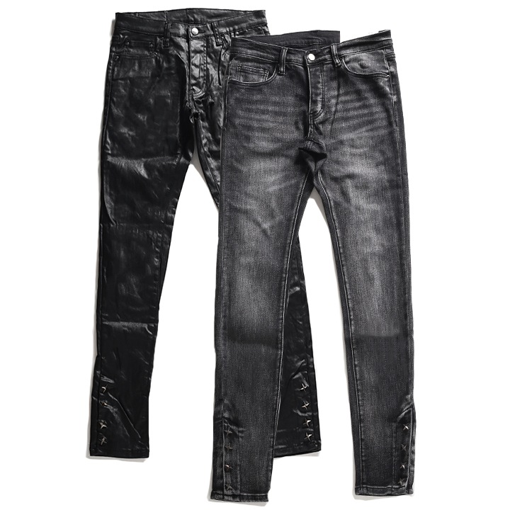 mnml デニム ジーンズ スリム フレアパンツ ベルボトム ブーツカット オイルド加工 ストレッチ スタッズ メンズ 春夏秋冬用 全2色 大きいサイズ ミニマル