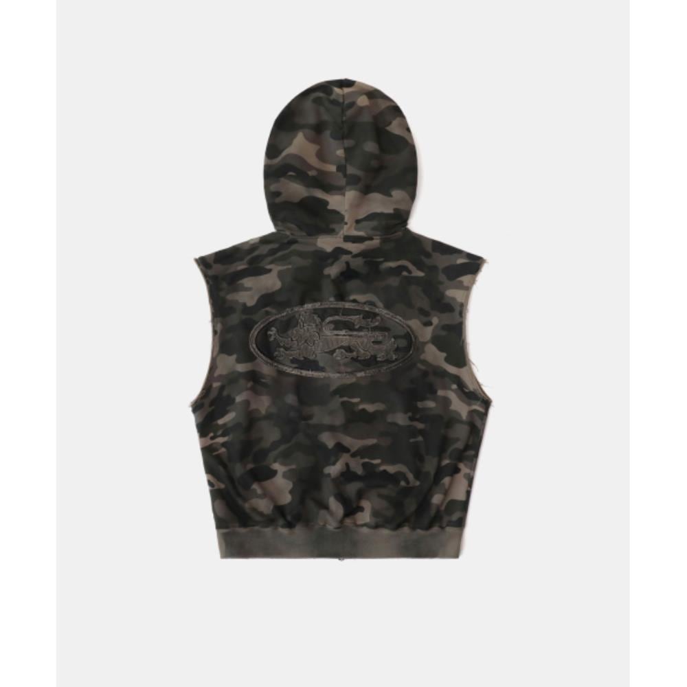 BADBLOOD Curved Logo Sleeveless Hoodie Dusty Green Camo
