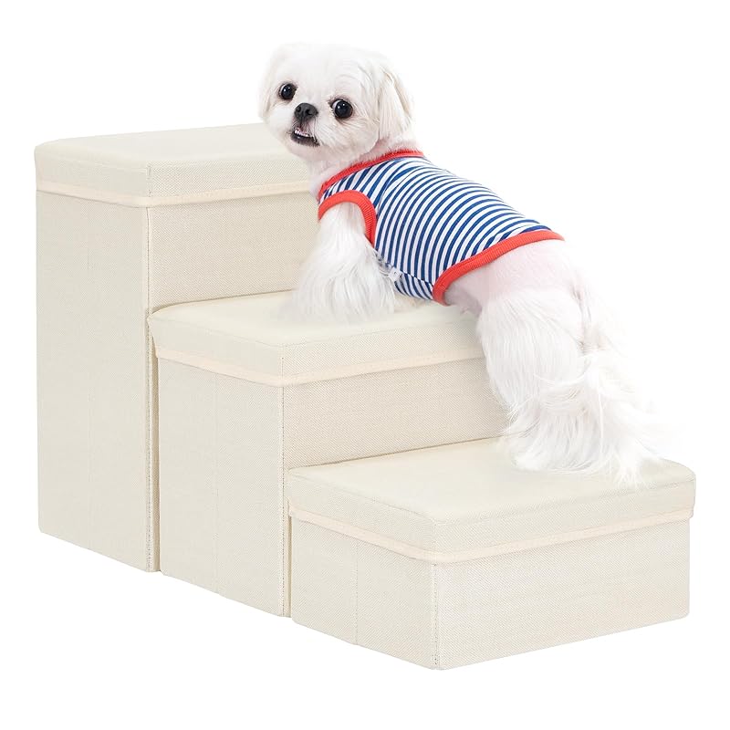 Uross 犬用階段 収納付き 3段 小型犬用 中型犬用 大型犬用 ペット用階段 ベッド用 老犬 猫用 犬 子犬用 階段 ソファー用ステップ (ベージュ)