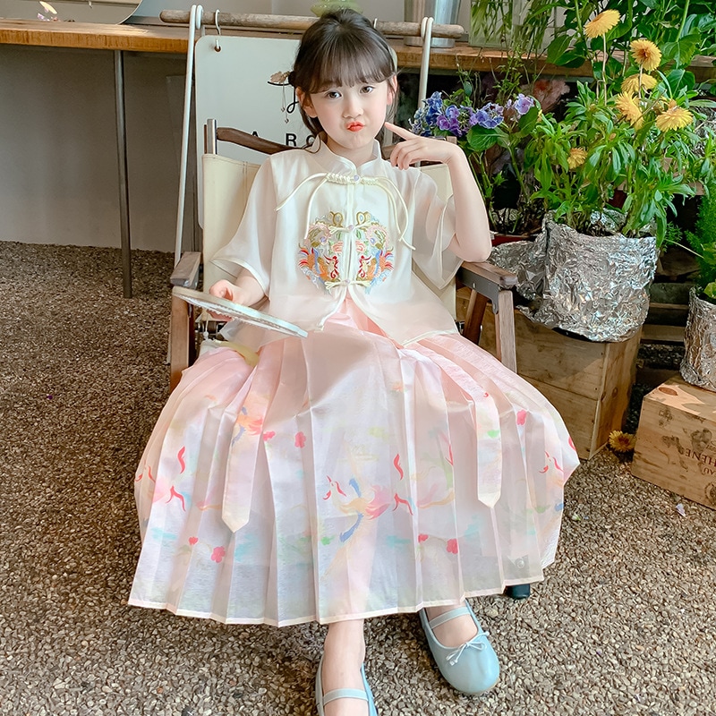女の子漢服ドレス 2024 夏子供西洋スタイルサマースカート女の子ビッグ子供スタイルプリンセスドレス