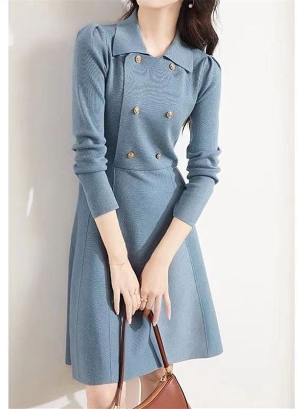 ニットワンピース レディース 40代 きれいめ 膝丈ワンピース シャツワンピース 長袖ワンピース 黒ニット Aラインスカート オシャレ韓国風 大人 通勤L